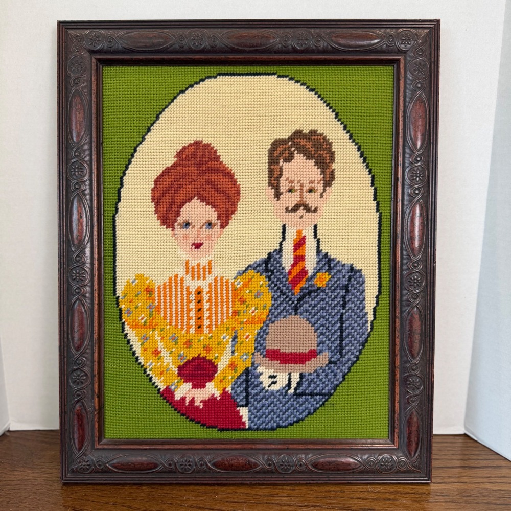 Vintage Victorian Couple Needlepoint Framed Wall Art 13.5x16.5 Portrait Decor